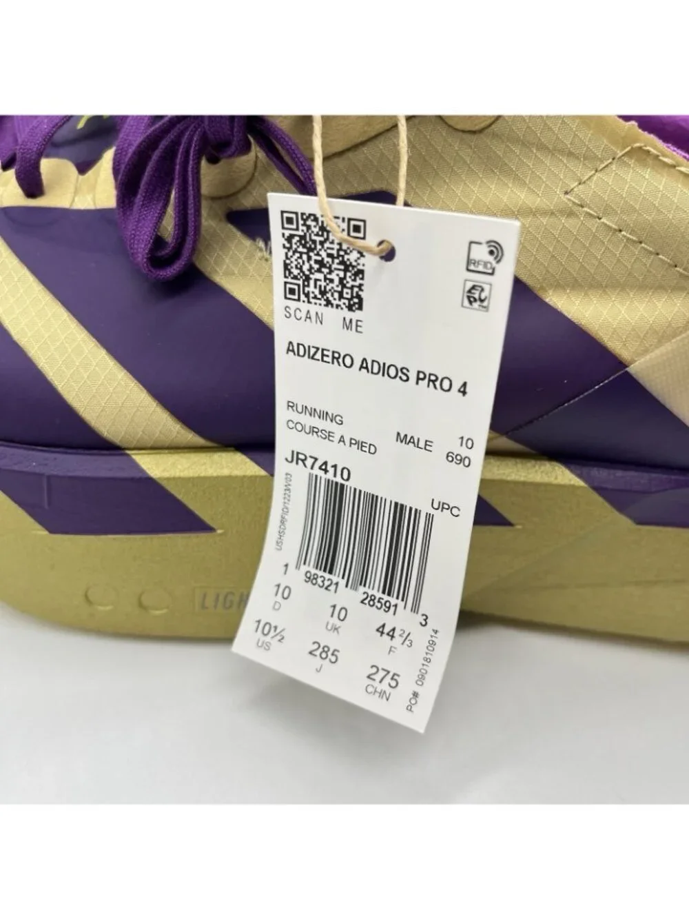 adidas Adizero Adios Pro 4 Mens Running Racing Shoe Gold Purple Size 10.5 JR7410